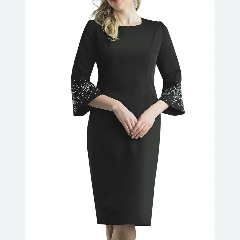 Calvin‎ Klein Black 3/4 Rhinestone Bell Sleeve Stretch Knit Sheath Dress 20W